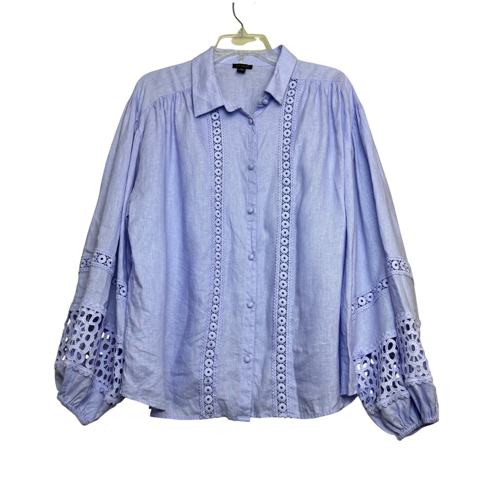 Ann Taylor Linen Blouse Womens XL Purple Eyelet Balloon‎ Puff Peasant Sleeve Top